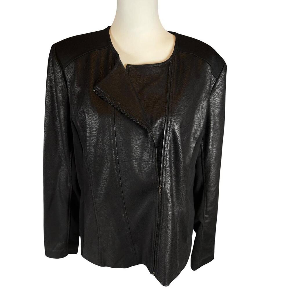 Kate & Rosy Black Faux Leather Moto Jacket XL Stretch Panel Zip Up Biker Chic